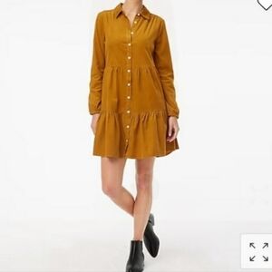 J.Crew Collared Corduroy Button Up Long Sleeve Dress, Mustard/ Brown Sz‎ 00P NWT